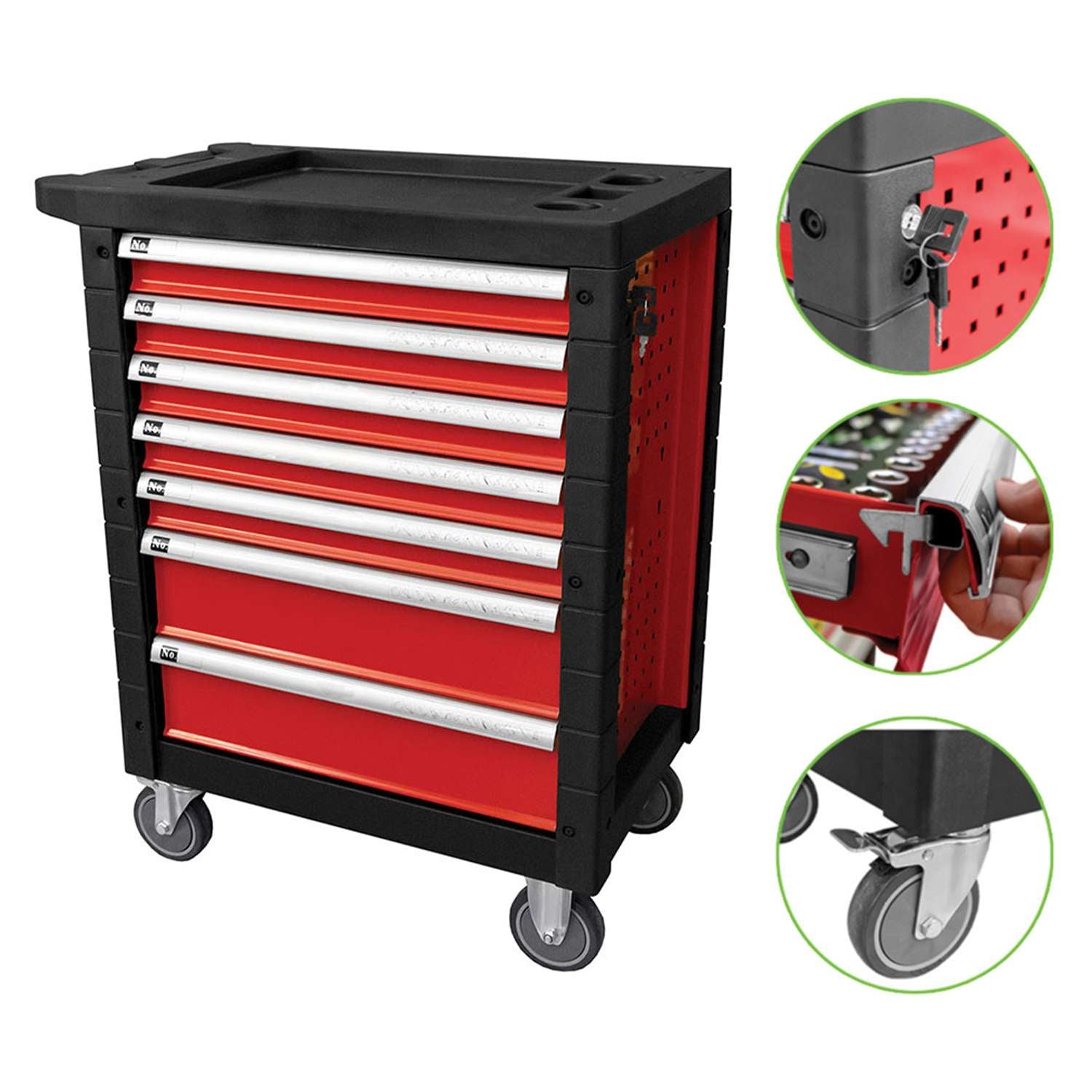 Carrello porta utensili rosso con 7 cassetti completo di 172 untensili - Fermec FM53686