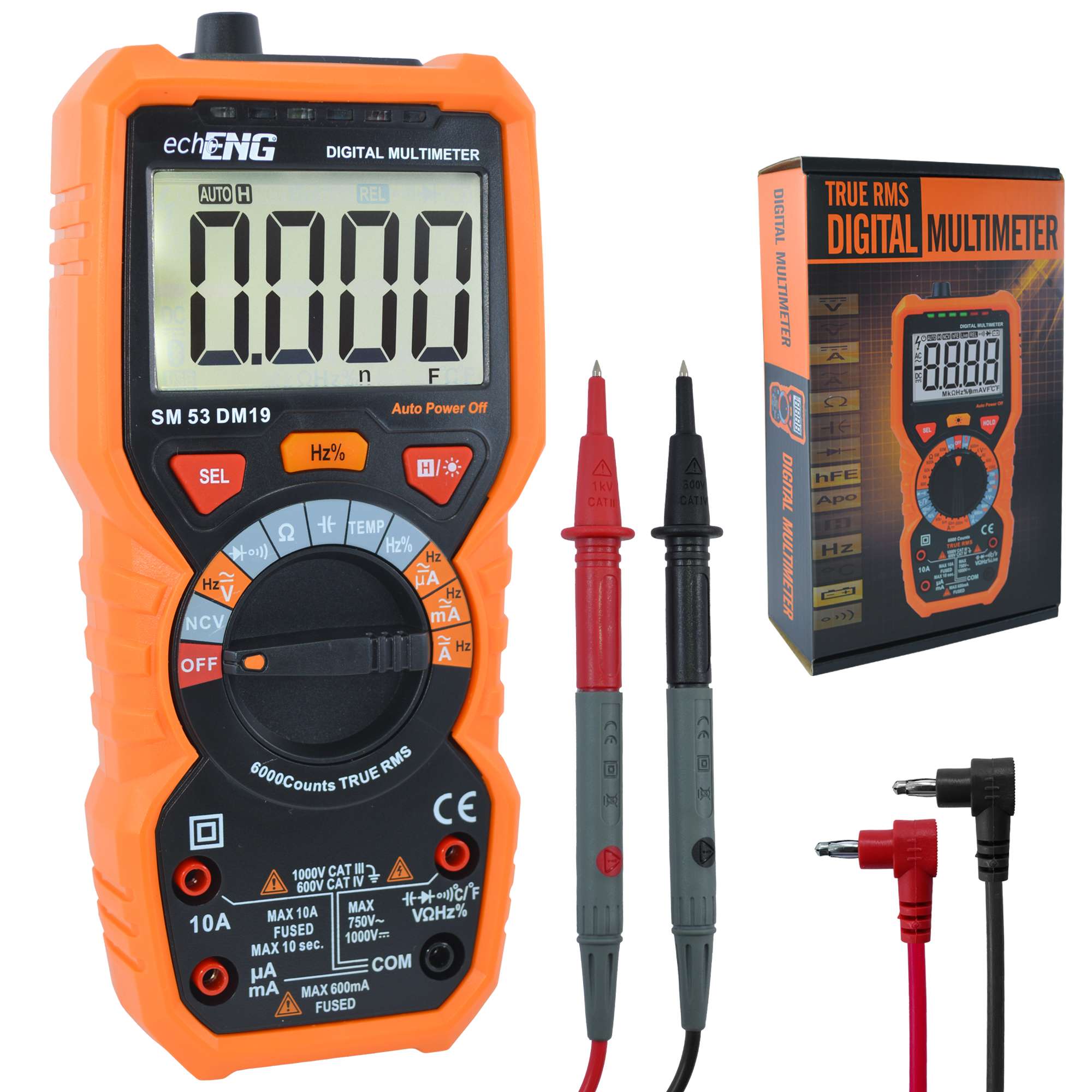 Multimetro Digitale Compatto  6000 Conti TRUE RMS, Termometro Integrato, Misurazione Tensione AC/DC fino a 600V, CAT IV 600V / CAT III 1000V - echoENG SM 53 DM19