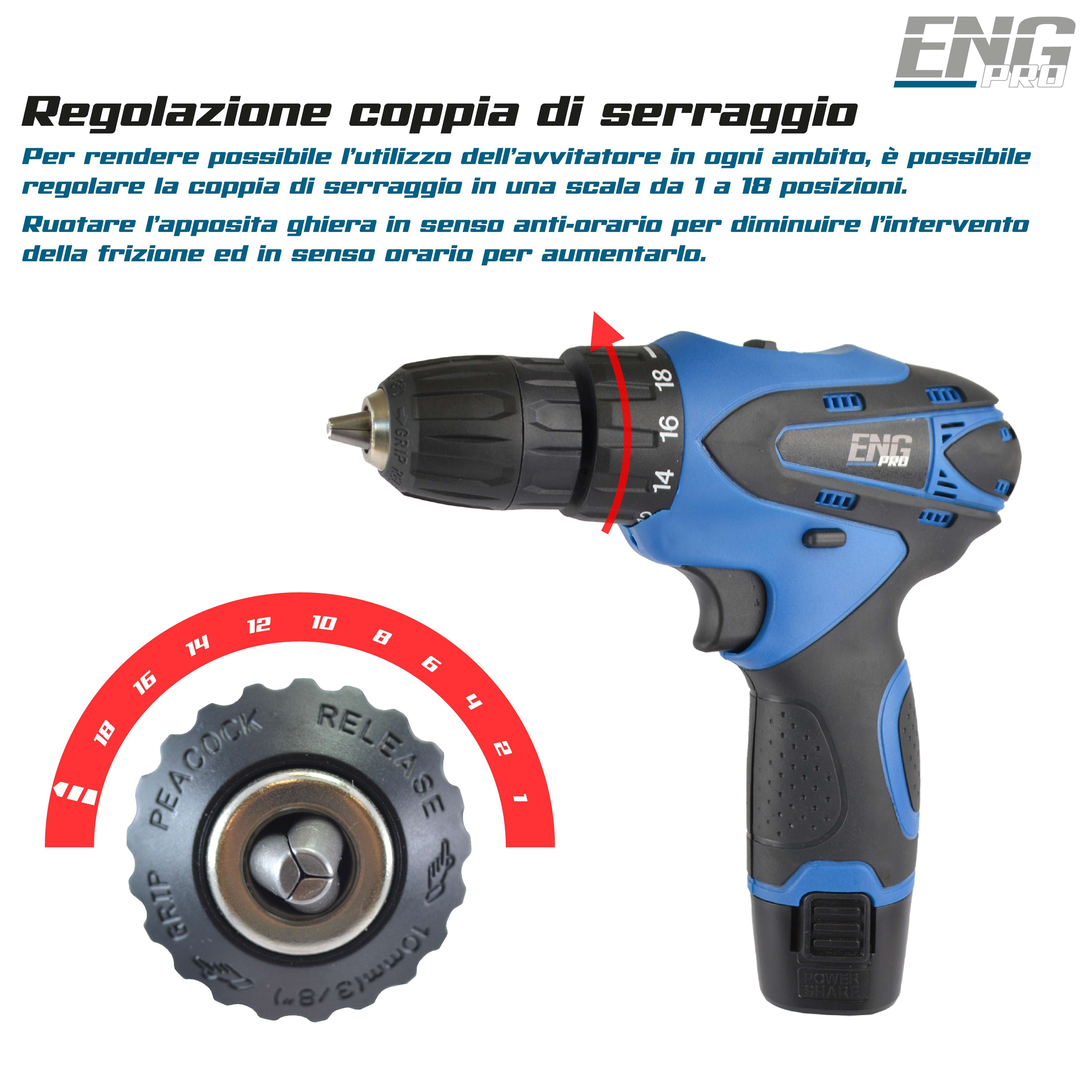 Trapano avvitatore a batteria 12V, valigetta 24 accessori - ENG PRO - UM ET AB12