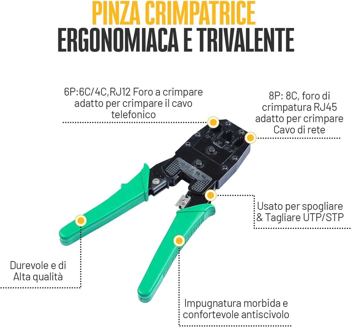 Kit riparazione cavi di rete, Pinza Crimpatrice Rj45 Ethernet tester completo