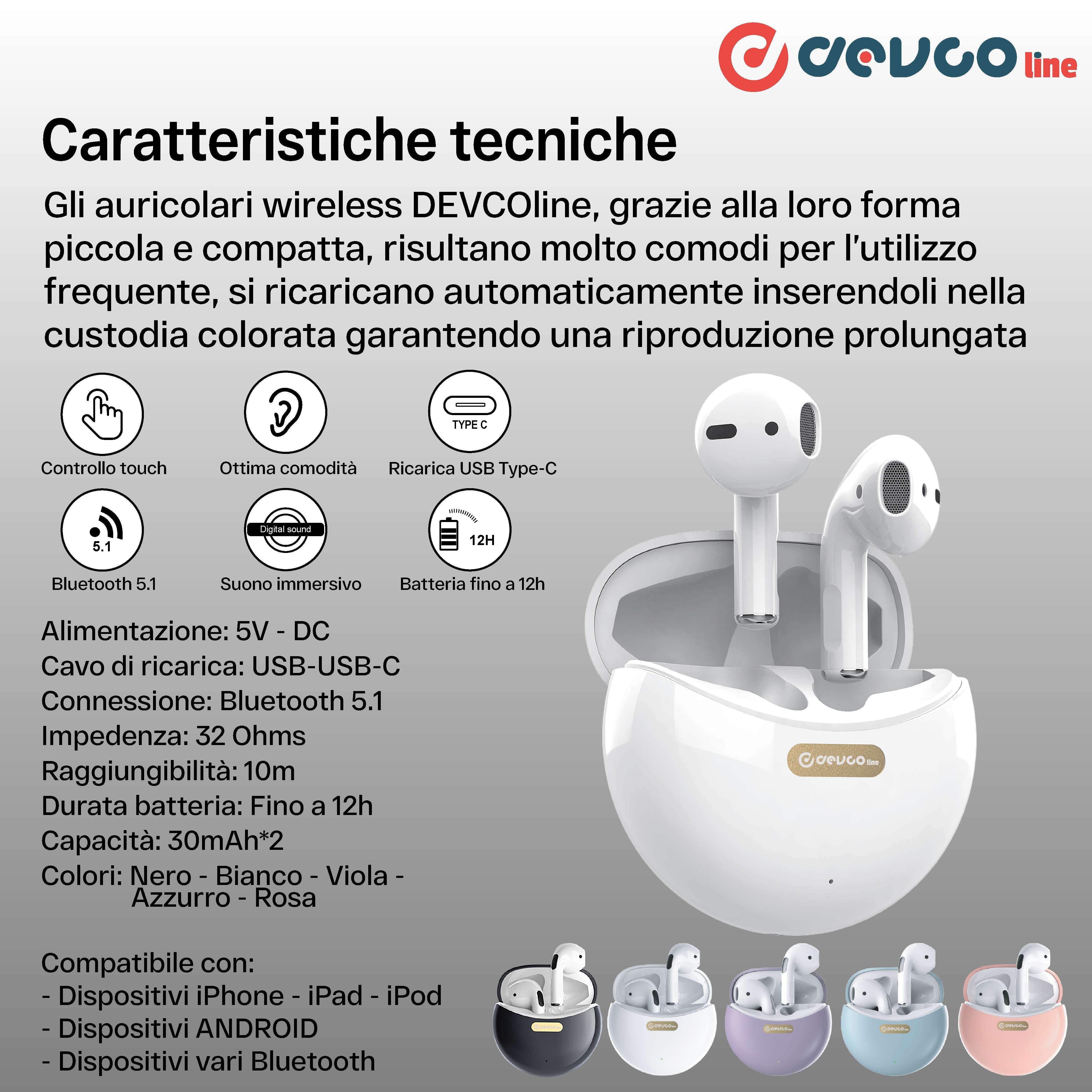 Auricolari Bluetooth 5.1 Wireless Colorati - DEVCOline - AT AU TWS